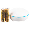 A round white water leak sensor with a blue accent ring, shown next to two upright AA alkaline batteries.
