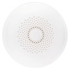 A circular white water leak sensor featuring a central water‑drop icon surrounded by small ventilation holes.