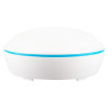 A small round white water leak sensor with a perforated top surface and a thin blue ring around its middle.