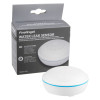 A FireAngel water leak sensor placed in front of its retail packaging, which displays the product name and multilingual descriptions.