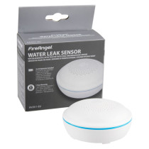 A FireAngel water leak sensor placed in front of its retail packaging, which displays the product name and multilingual descriptions.