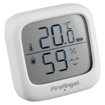 A FireAngel temperature and humidity sensor showing 20.6°C and 59% on its LCD display