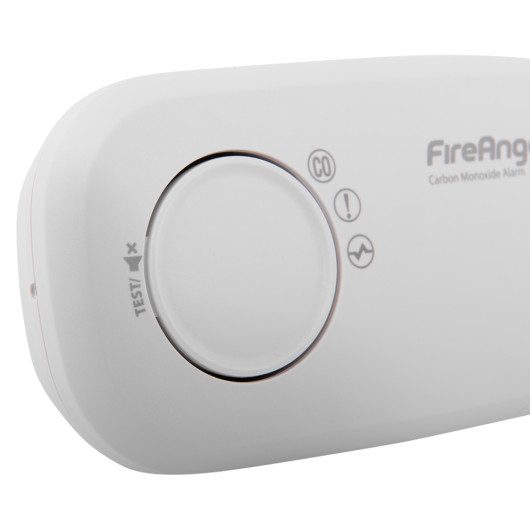 fireangel carbon monoxide alarm 10yr led close up of white circular button and nearby symbols