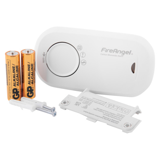 FireAngel carbon monoxide alarm 10yr led with two batteries mounting screws and bracket shown separately
