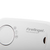 Close-up detail of the FireAngel carbon monoxide alarm 10yr led showing the test button and logo
