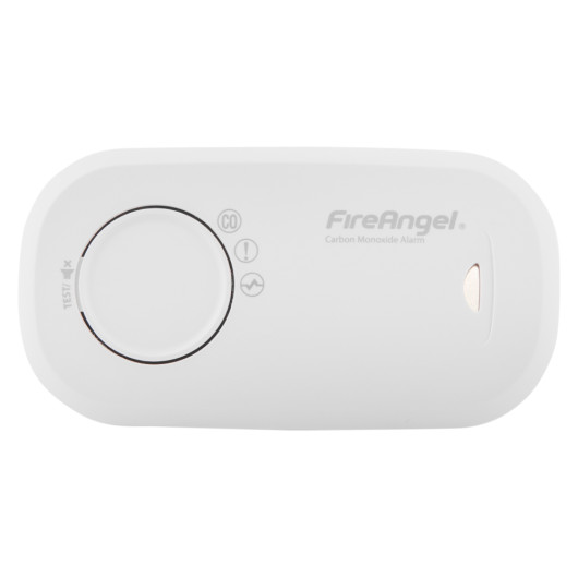 front view of fireangel carbon monoxide alarm 10yr led showing test button and indicators on white background