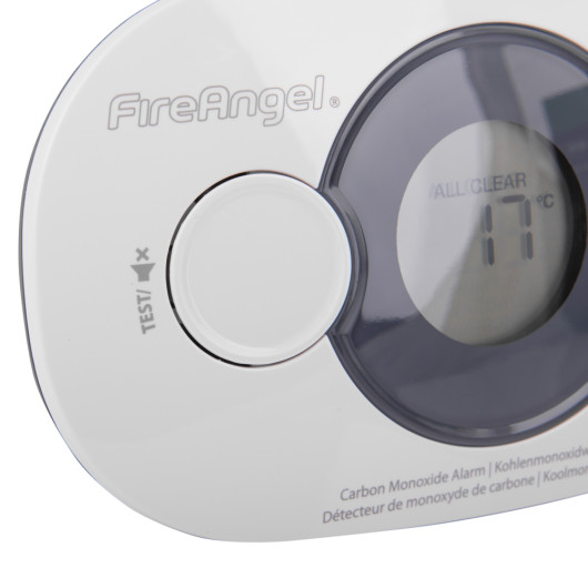 Close-up of the button and digital display on a FireAngel digital display carbon monoxide alarm 10yr long life battery
