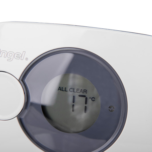 Closeup of fireangel digital display carbon monoxide alarm showing clear status and temperature reading at 17 degrees Celsius