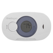 Front view of FireAngel digital display carbon monoxide alarm showing temperature and clear status message