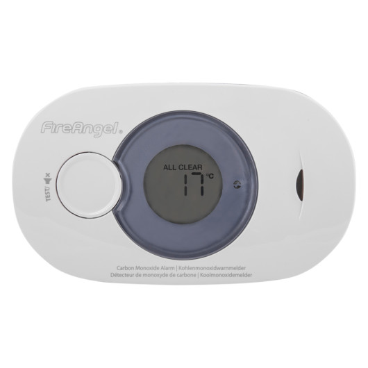 Front view of FireAngel digital display carbon monoxide alarm showing temperature and clear status message