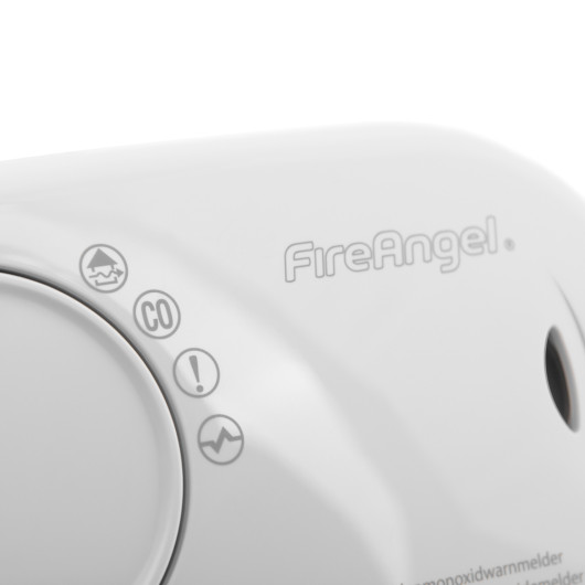 Close-up detail of FireAngel carbon monoxide alarm 10yr long life battery showing logo and control icons