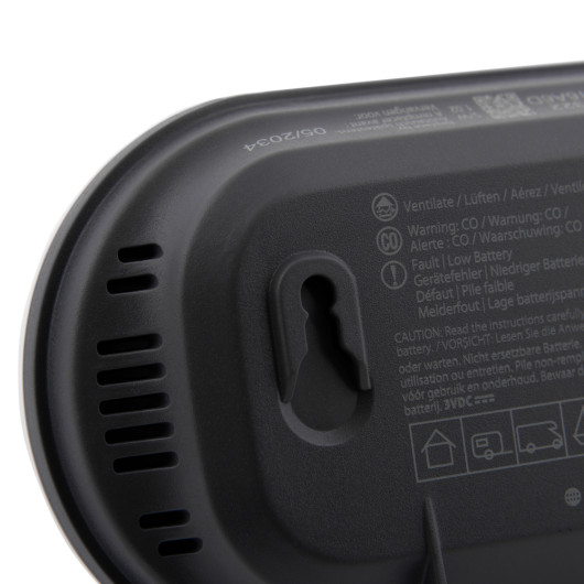 Back view of a fireangel carbon monoxide alarm 10yr long life battery showing fixing slot and warning labels