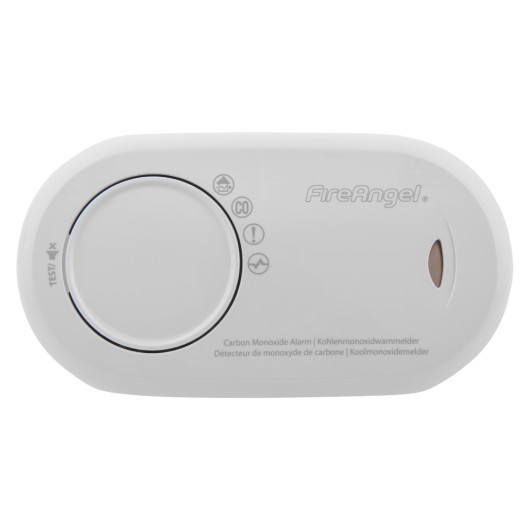 fireangel carbon monoxide alarm 10yr long life battery shown from the front with test button and indicator lights