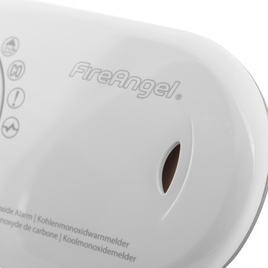Close-up of the sounder part of the fireangel carbon monoxide alarm 10yr long life battery showing logo and vents
