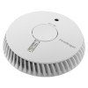 angled view of a white fireangel optical smoke alarm with replaceable 3yr alkaline battery and escape light