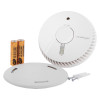 Fireangel optical smoke alarm with replaceable 3 year alkaline batteries shown with mounting plate and screws