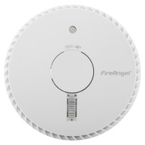 Front view of fireangel optical smoke alarm replaceable 3yr alkaline battery escape light showing circular design and test button
