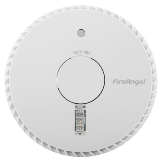 Front view of fireangel optical smoke alarm replaceable 3yr alkaline battery escape light showing circular design and test button