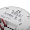 Label on Fireangel optical smoke alarm replaceable 3yr alkaline battery escape light showing model and safety information