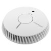 Angled view of fireangel optical smoke alarm with replaceable 5 year alkaline battery in white casing