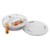 Fireangel optical smoke alarm with replaceable 5yr alkaline battery showing the battery and opened back panel
