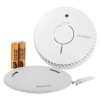 fireangel optical smoke alarm with replaceable 5 year alkaline battery showing alarm unit, base plate, screws and two batteries