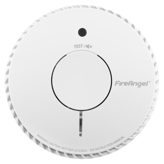 Front view of a white FireAngel optical smoke alarm with 10 year longlife battery showing test button and logo