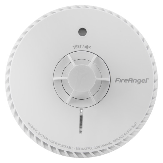 Front view of a FireAngel heat alarm with 10 year long life battery showing test button and vents