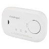 Angled view of the white FireAngel carbon monoxide alarm 10yr led showing the test button and logos
