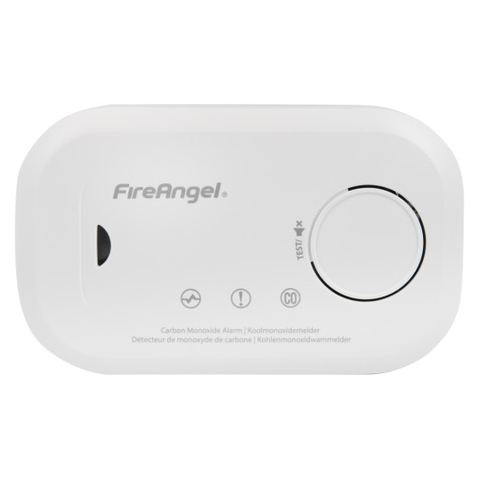 Front view of fireangel carbon monoxide alarm 10yr led showing test button and branding on white background