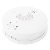 angled view of a white fireangel mains powered heat alarm alkaline backup with buttons and vents visible