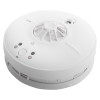Angled view of fireangel mains powered heat alarm alkaline battery backup showing vents and test button on white casing