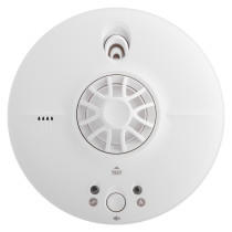 Front view of a white fireangel mains powered heat alarm alkaline battery backup showing the test button and vents
