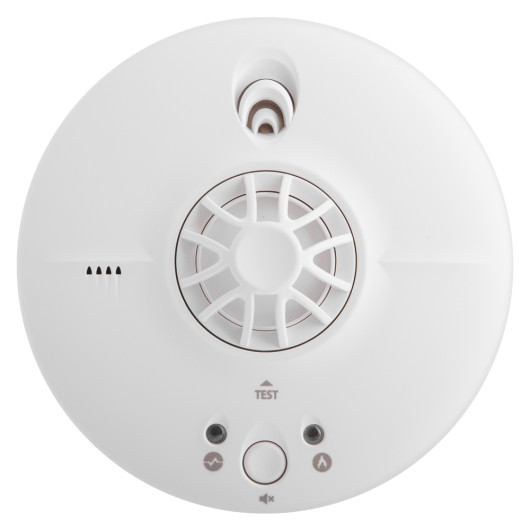 Front view of a white fireangel mains powered heat alarm alkaline battery backup showing the test button and vents