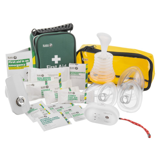 family home safety starter showing kit contents including first aid items and accessories in green and yellow bags