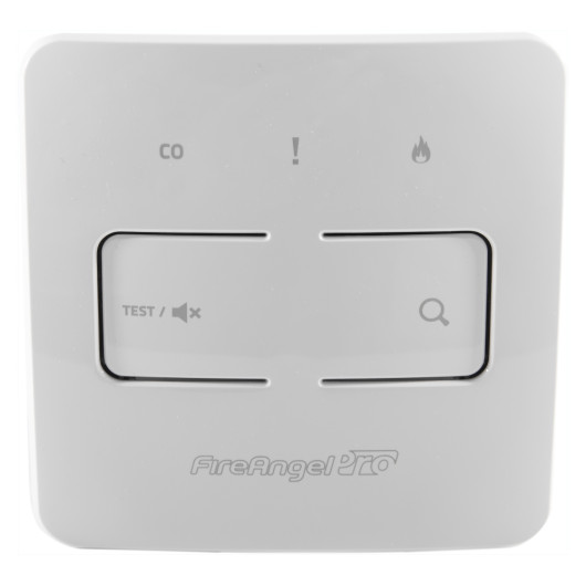 Front view of fireangel pro connected fp1014w2 r wireless control unit showing buttons and indicator symbols