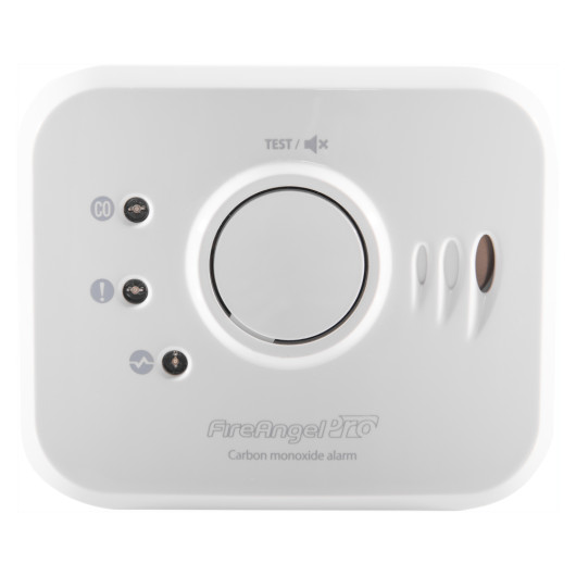 Front view of the fireangel pro connected fp1820w2 r carbon monoxide alarm showing buttons and indicator lights