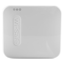 Front view of the fireangel pro connected fp1000w2 r wireless gateway showing a white rectangular device with rounded edges and Wi-Safe text
