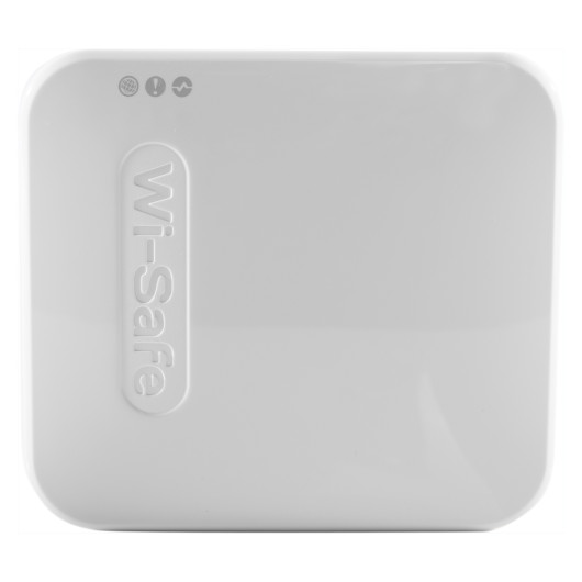Front view of the fireangel pro connected fp1000w2 r wireless gateway showing a white rectangular device with rounded edges and Wi-Safe text