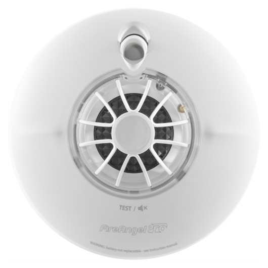 Front view of the fireangel pro connected fp1720w2 r heat alarm showing its circular design and central sensor area