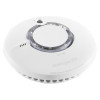 angled view of the fireangel pro connected fp2620w2 r smoke alarm showing the circular design and test button