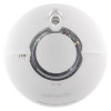 Front view of a white fireangel pro connected fp2620w2 r smoke alarm showing the test button and casing details