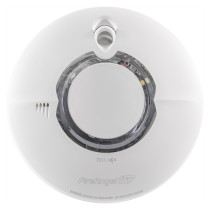 Front view of a white fireangel pro connected fp2620w2 r smoke alarm showing the test button and casing details