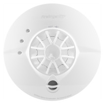 Front view of fireangel pro connected fp1740w2 r heat alarm showing the circular white casing with grille and test button