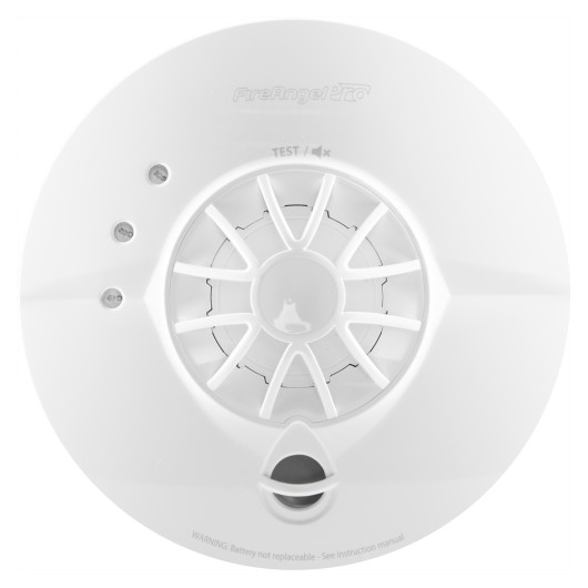 Front view of fireangel pro connected fp1740w2 r heat alarm showing the circular white casing with grille and test button