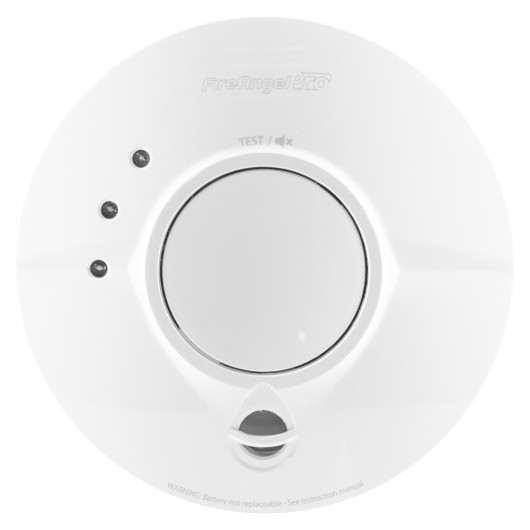 Front view of the fireangel pro connected fp1640w2 r smoke alarm showing its circular design and buttons