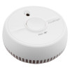 angled view of a white fireangel battery optical smoke alarm showing test button and sensor opening