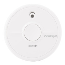 Fireangel battery optical smoke alarm shown from the front with test button and brand name visible