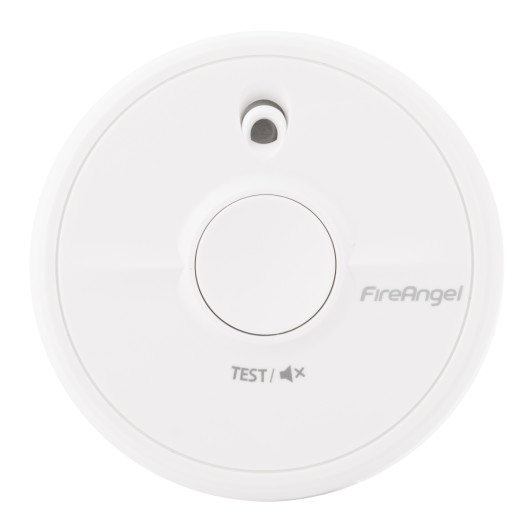 Fireangel battery optical smoke alarm shown from the front with test button and brand name visible