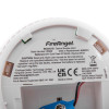 Label on FireAngel battery optical smoke alarm twin pack showing model, battery and safety information